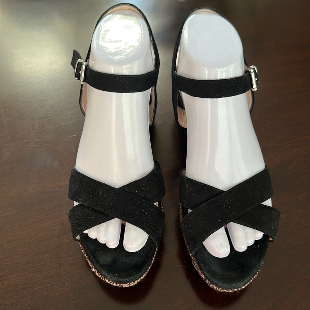 Aquatalia Platform Wedge Sandal Black Suede Woven Heel Sz 8 Quiet Luxury Classic - Picture 3 of 11